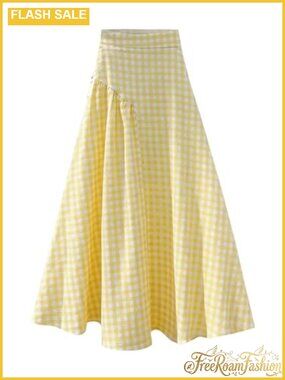 Women's Gingham Plaid Maxi Skirt High Waisted A Line Ruffle Flowy Long Skirt